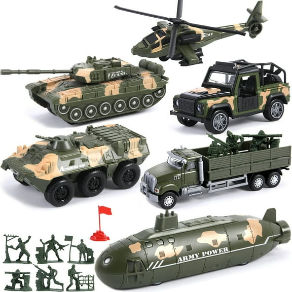 Military Vehicle Set, Assorted Army Model Car with 6 Soldiers & Flag, ABS Plastic Safe for Kids, Educational Battle Play Set for Boys Age 3 , Birthday Christmas Gift