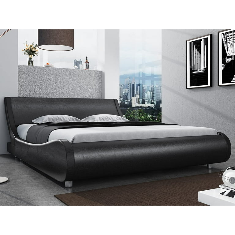 SHA CERLIN King Size Platform Bed, Faux Leather Low Profile Sleigh Bed Frame  with Adjustable Headboard, Wood Slat Support, Glossy Black - Walmart.com