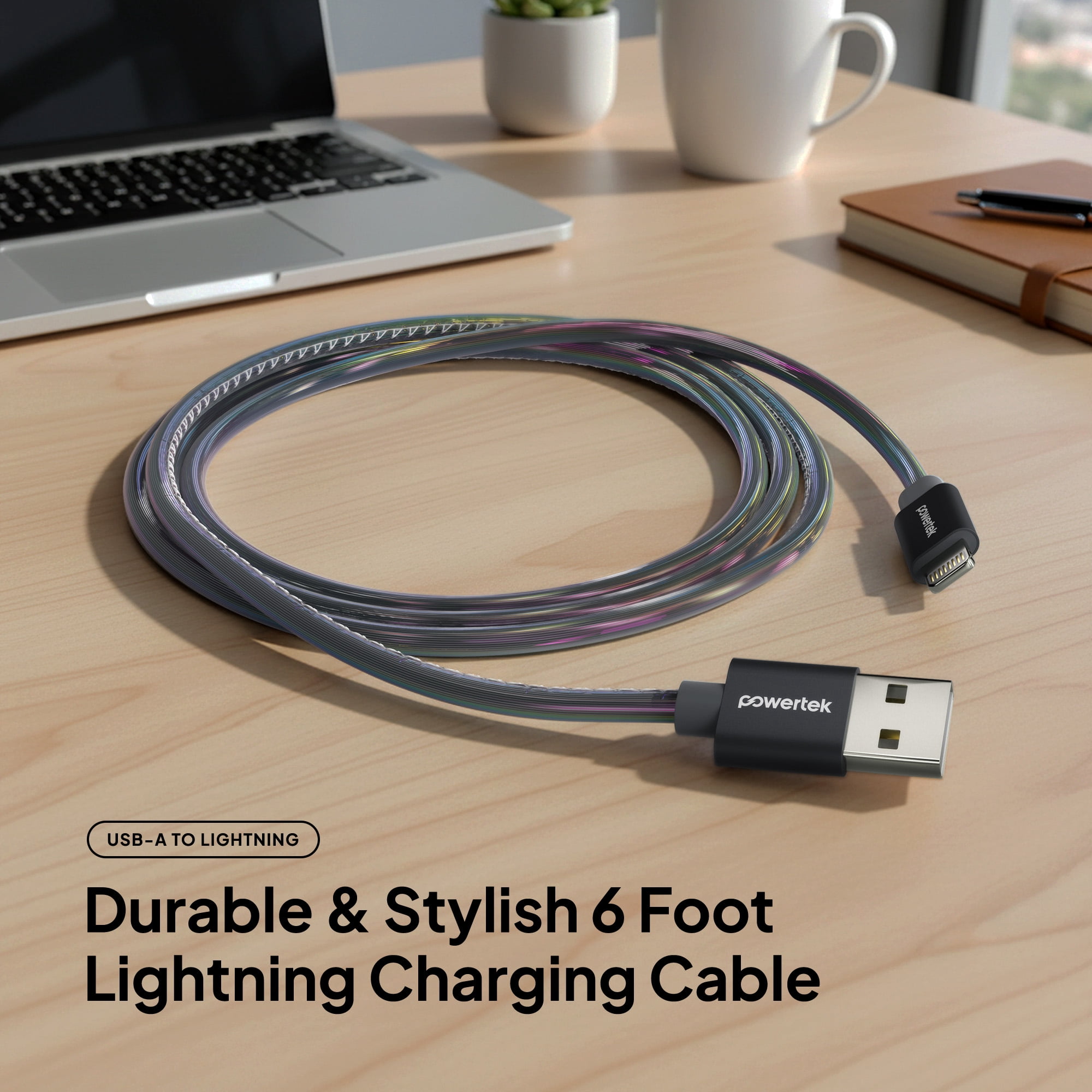 Powertek MFi Certified USB-A to Lightning Metallic Shine Pastel Charging Cable, 6 ft, Black