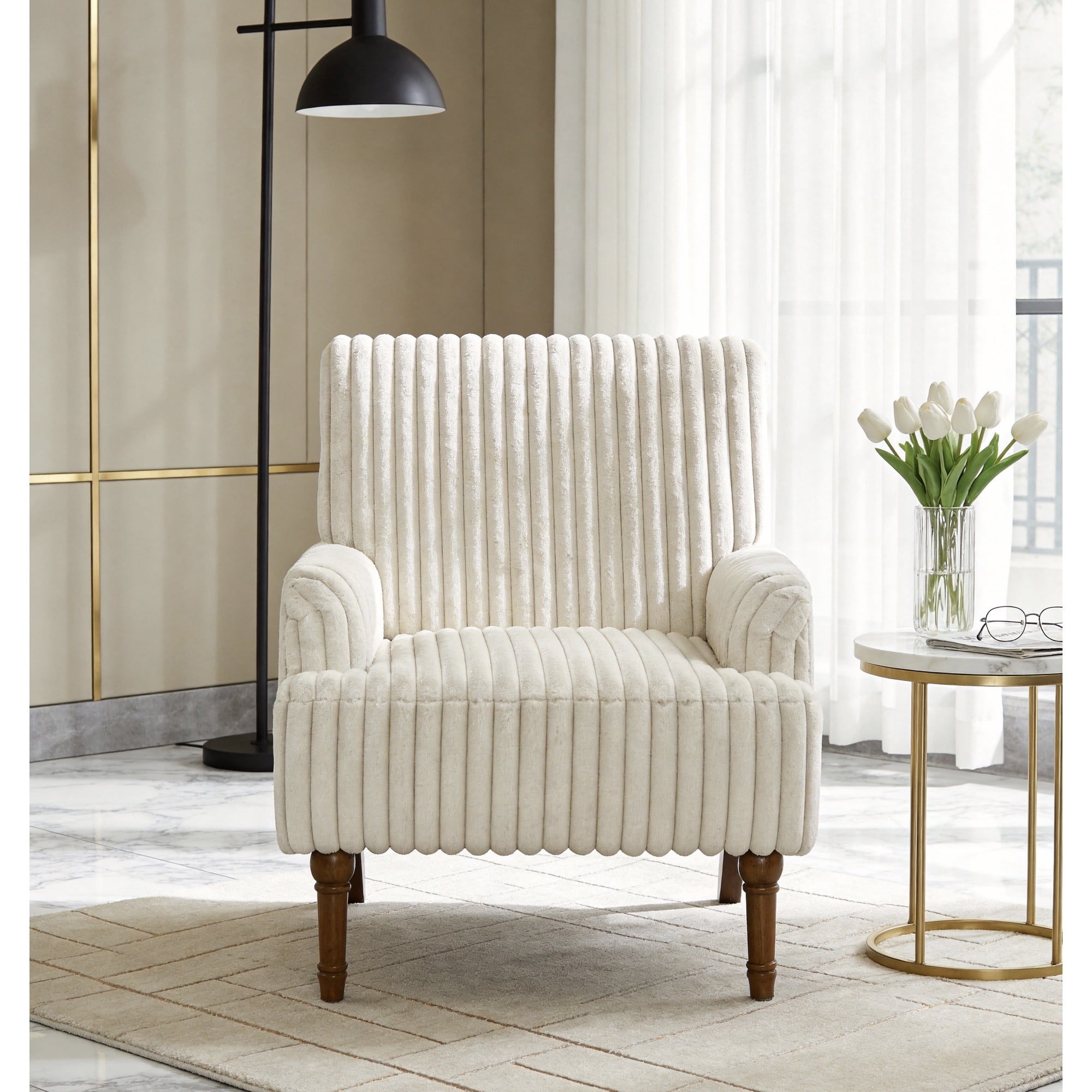 Leumius Modern Accent Chair with 9" Solid Wood Legs, Comfortable Upholstered Corduroy Armchair for Living Room Bedroom, Office Beige