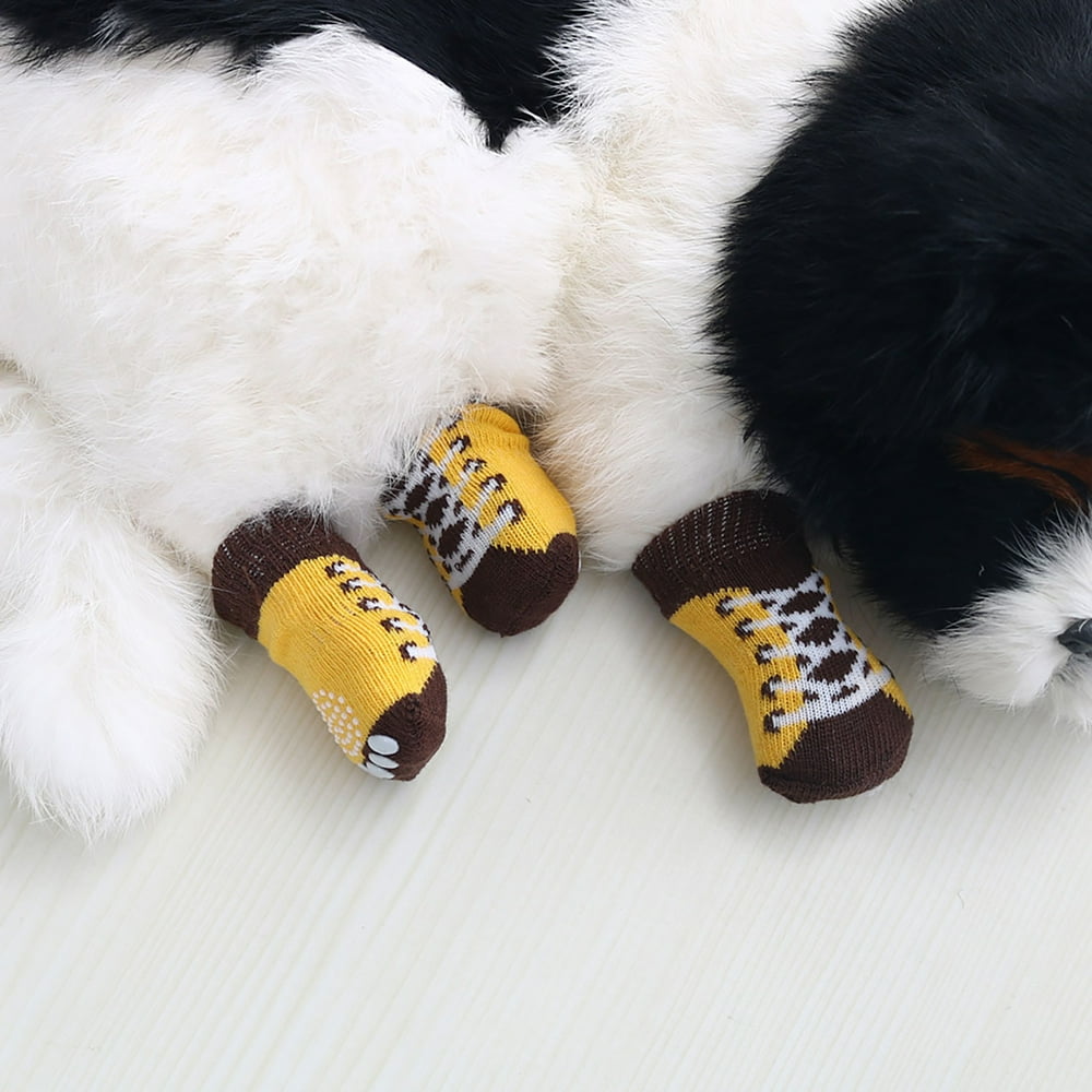 4pcs AntiSlip Knit Dog Socks with Rubber Reinforcement Paw Protector for Indoor Wear, Brown