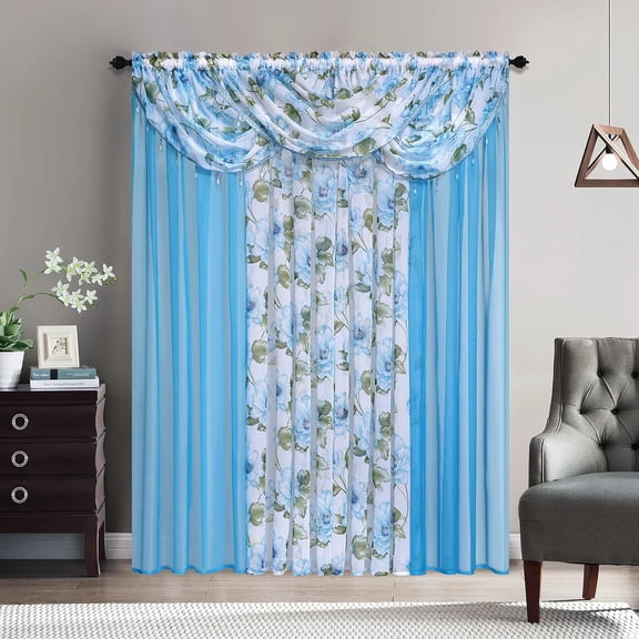 Plume D' Home Floral Curtain Panel Set with 3 Valances, Crystal Beads Attached 4-Piece 54"x 84" Cindy (Blue)