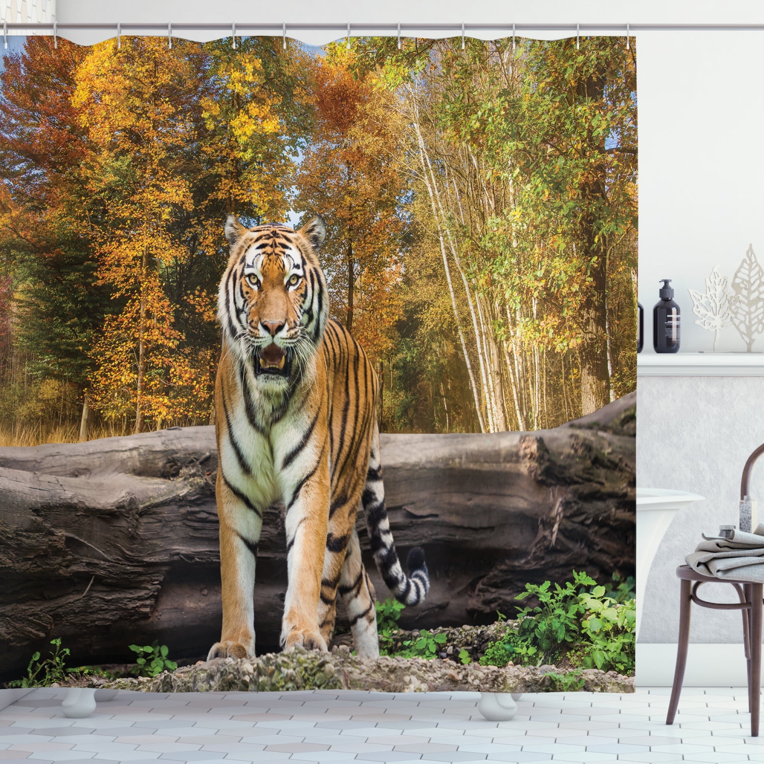 Wild Animal Tiger In Forest Fabric Shower Curtain Set For Bathroom 71X71 Inches 