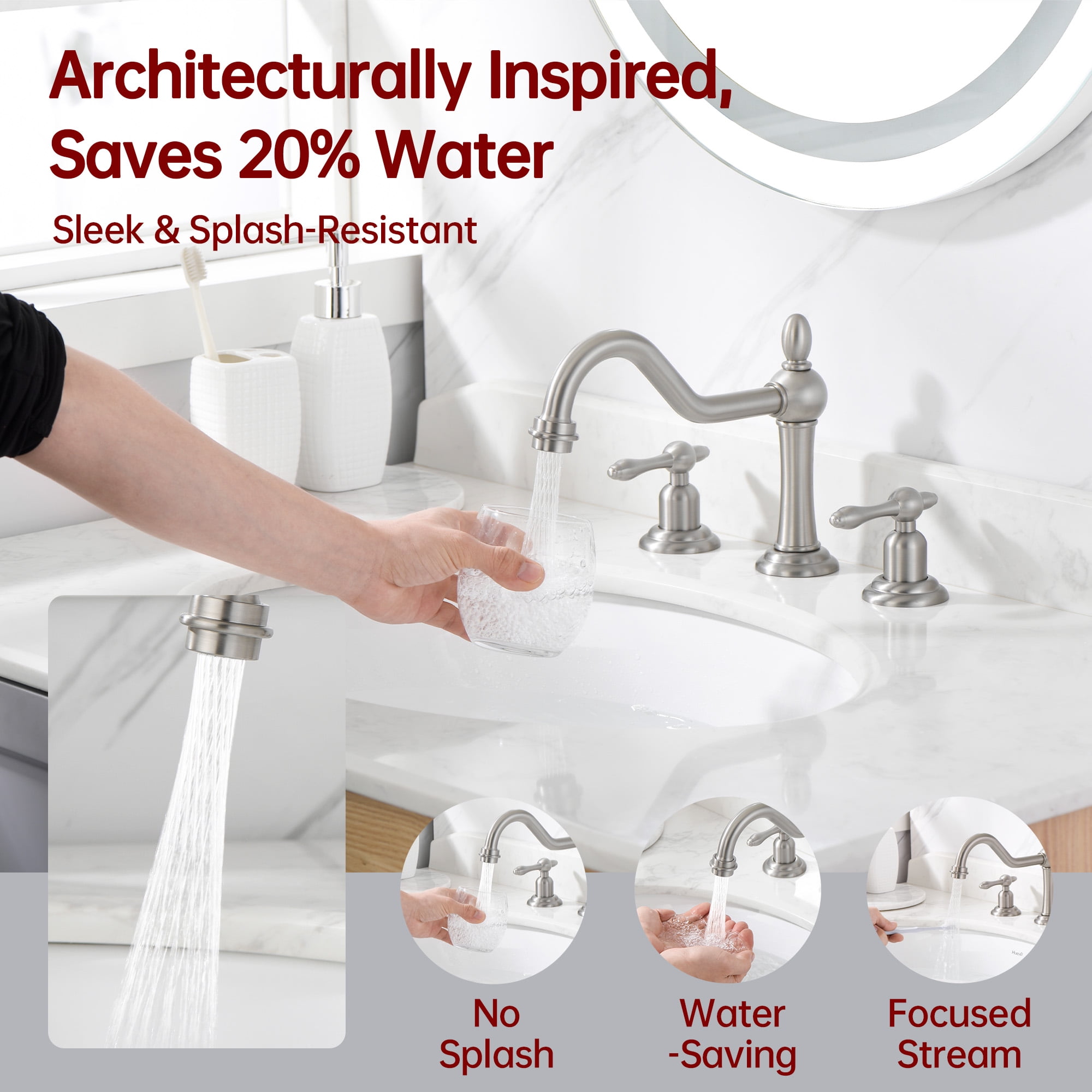 sumerain Two Handles Widespread 8 inch Bathroom Faucet, Basin Faucet 360 Degree Swivel Spout Lavatory Sink Faucet Brushed Nickel