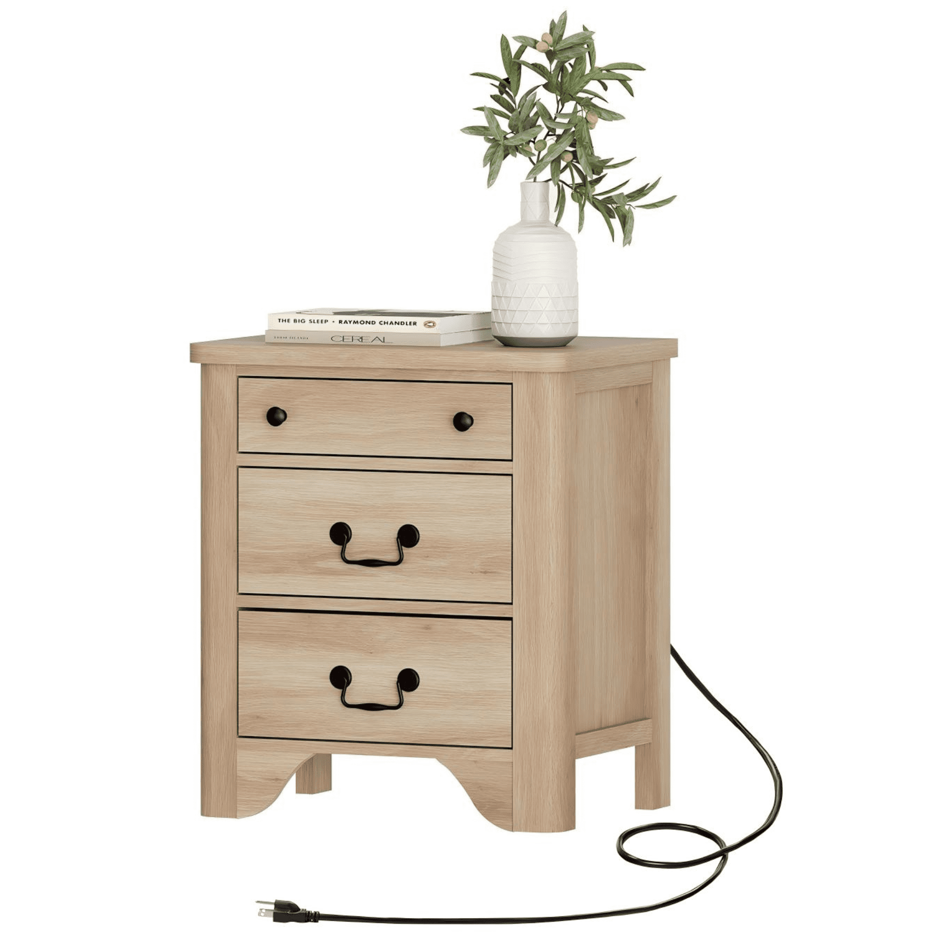 Farmhouse Nightstand with Charging Station, 3-Drawer Night stand, Wood End Table for Bedroom, Oak