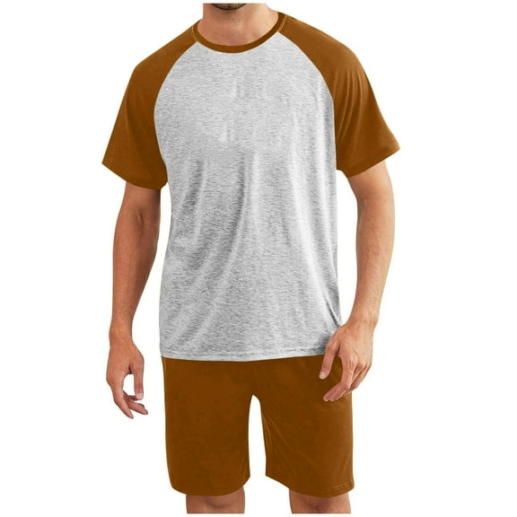Pajama Set for Men Short Sleeve Pants Soft Color Block T Shirt Sleepwear Khaki L
