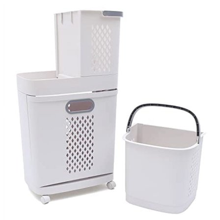 2 Tier Multipurpose Sorter Basket - Bathroom Laundry Hamper Basket with Rolling Wheels 17.32''x12.2''x29.13'' Floor-Standing Clothe Storage Basket for Kitchen Bedroom Living Room
