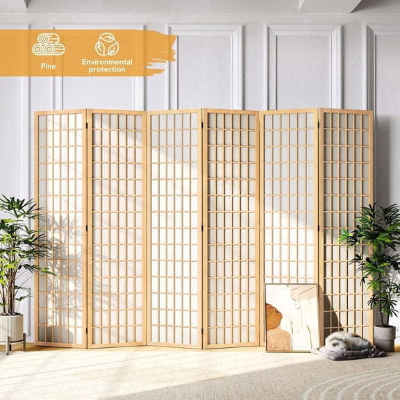 JOSTYLE Room Divider Wall Shoji Screen, 6 Panel Folding Privacy Screen for Room Separation, Japanese Wood Room Divider Screen, 5.9 Ft, Natural