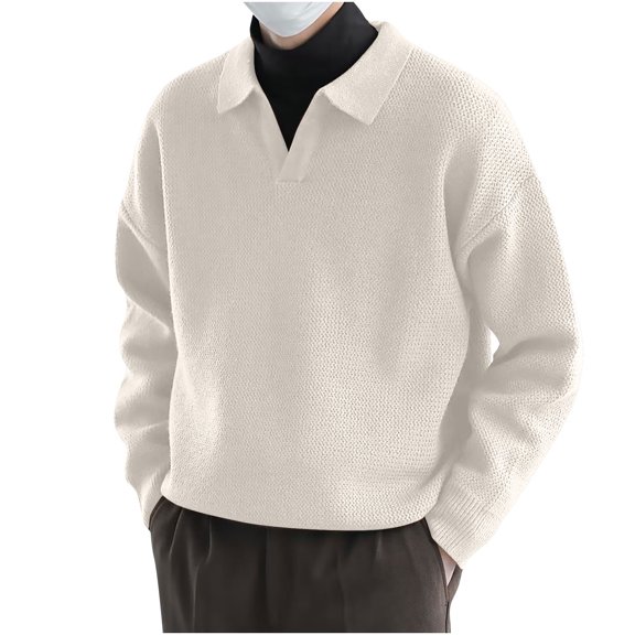 GigrtiJin Mens Collar Knitted Sweater Long Sleeved V Neck Solid Color Sweaters Trendy Casual Comfy Pullover Tops