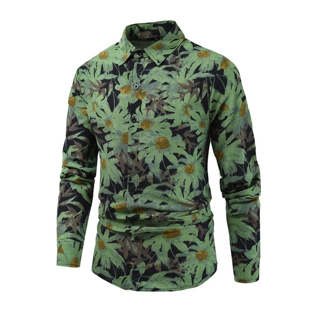 Blusa y camisa de manga larga con cuello vuelto para hombre, informal, estampada, con botones, de poliéster