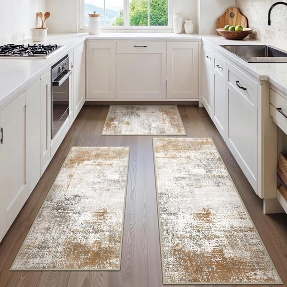 Kitchen Rugs Sets of 3 Non Slip Washable Kitchen Mats for Floor, Waterproof Abstract Kitchen Runner Rug, Floor Mat Carpet for Hallway, Laundry, Sink, Entryway, Bathroom, Gold