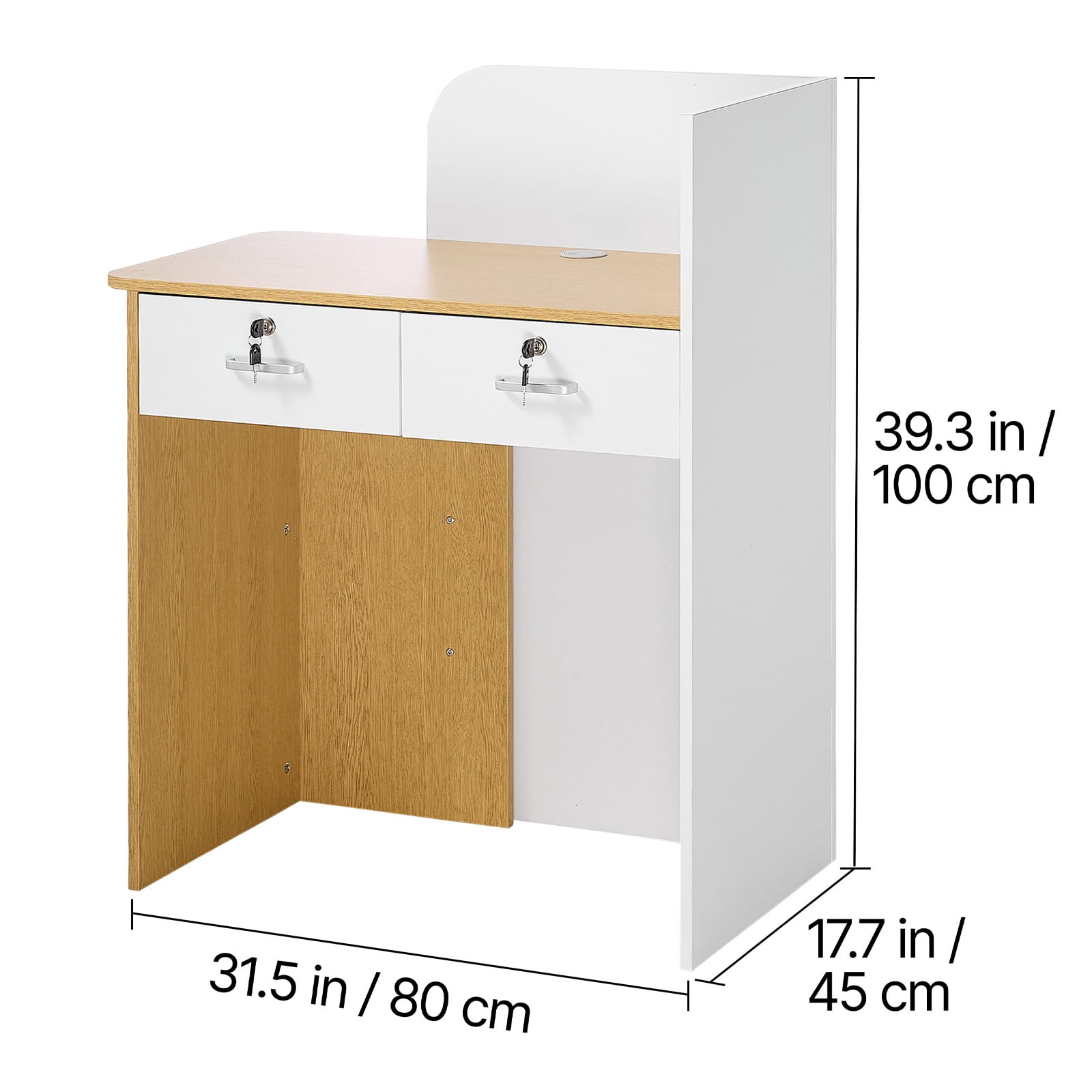 KFFKFF Reception Desk, 31.5-Inch Rectangular Front Counter Table, Modern Office Desk with LED Lighting, 2 Storage Drawers & Power Outlets, Counter Table for Checkout, Lobby, Salon, or Office Use