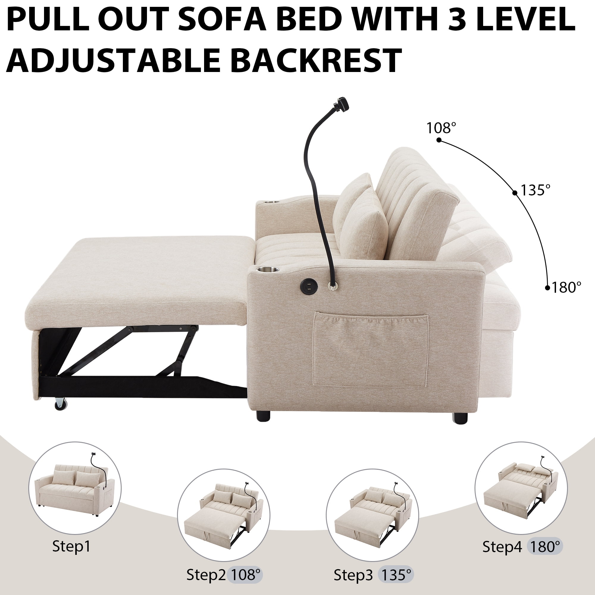 EUROCO 1100LBS Queen Pull Out Sofa Bed, 55.9" Convertible Sleeper Loveseat with 3 USB Ports, 2 Side Pockets,2 Cup Holders and 360°Swivel Phone Holder,Modern Loveseat Sofa for Living Room
