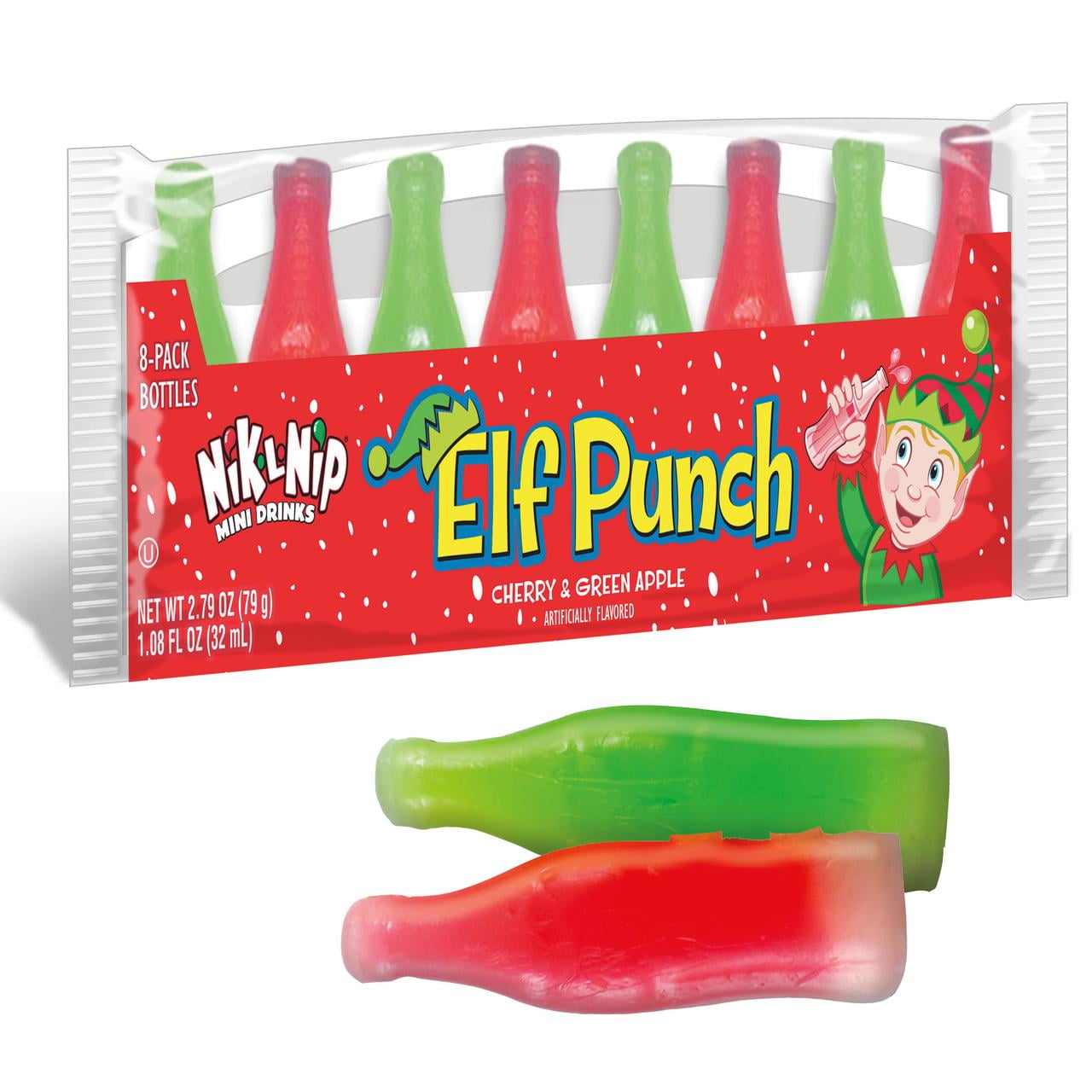 (2 pack) Nik-L-Nip Elf Punch Mini Drinks in Wax Bottles, Green Apple and Cherry Flavors, 8-Pack, Peanut and Gluten Free