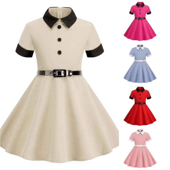 Vividxx Toddler Girl Dress Color Block Short Sleeve Dress Vintage Belt Children Princess Dress for Formal Party 3-4 Years