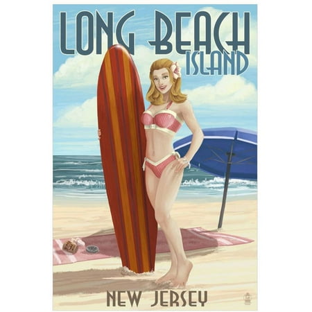 Long Beach Island, New Jersey - Pinup Surfer Girl: Retro Travel Poster by Eazl Premium Gallery Wrap