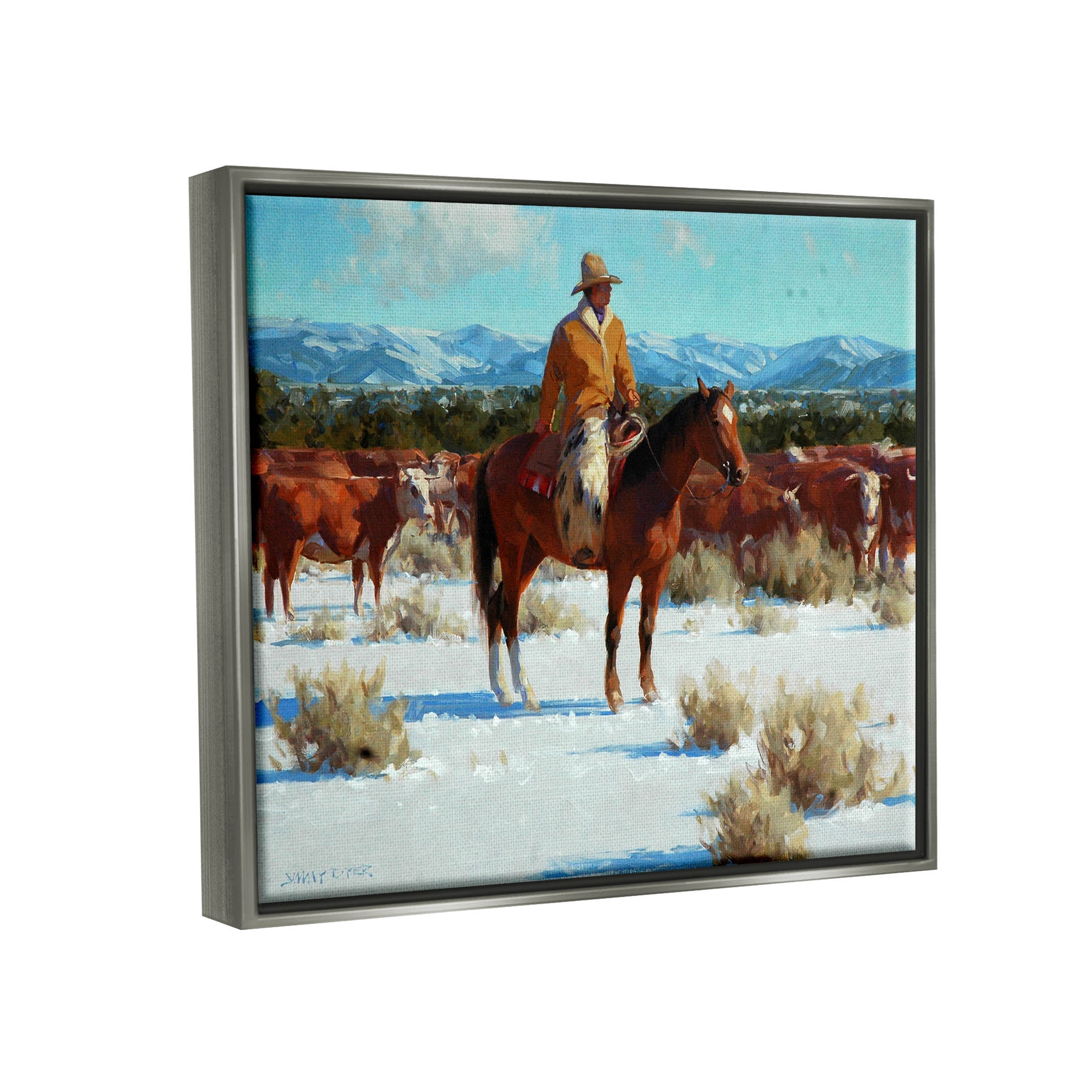 Winter Cowboy Cattle Landscape Animals & Insects Painting Luster Gray Framed Art Print Wall Art