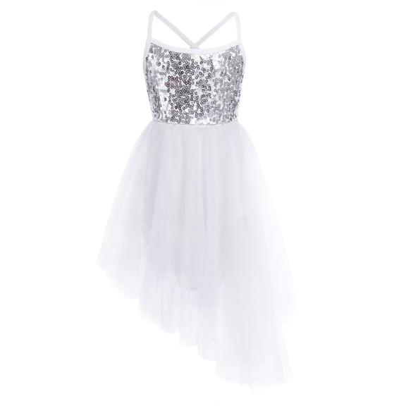 Eandarui Daenrui Kids Girls Sparkly Sequined Ballet Dance Asymmetric Tutu Dress Leotard Figure Ivory 4XL