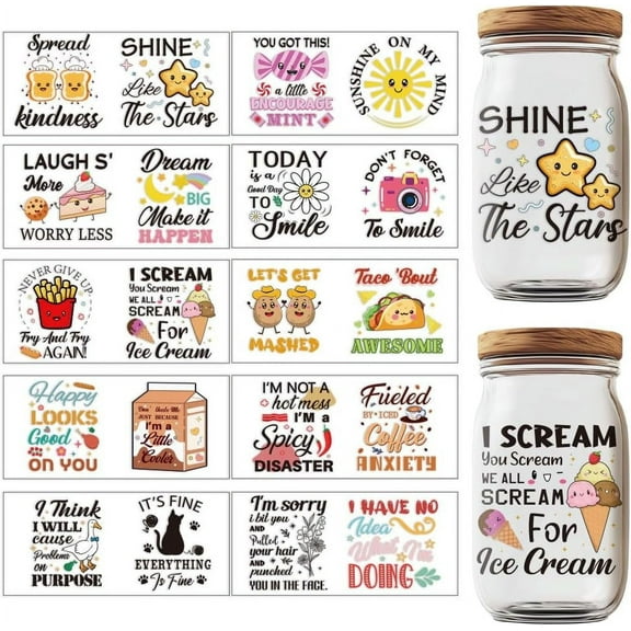 20 Pcs Funny Puns UV DTF Cup Wraps Inspirational Transfer Stickers Cartoon UV Rub Transfer Stickers for DIY 16 Oz Glass Cups Mobile Phone Case Laptop Decoration