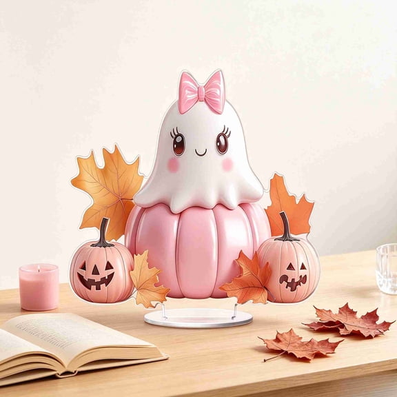 OCCOA 2D Flat Ghost Pumpkin Halloween Home Decor Desktop Acrylic Ornaments Cute Spooky Figurine for Shelf Mantel Tabletop Holiday Party Display Gift, Multicolor