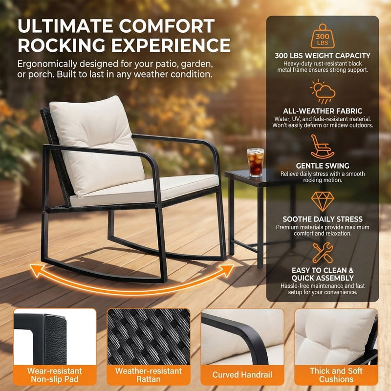 Vineego 3 Pieces Patio Conversation Sets Outdoor Rocking Chair PE Rattan Bistro Rocker with Coffee Table, White