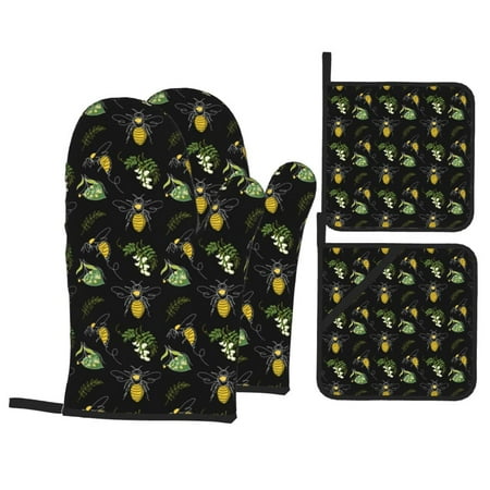 

Oven Mitts and Pot Holders 4 Piece Bee Floral High Heat Slip Resistant Oven Mitt and Trivets Set Kitchen Oven Glove Pot Holders for Cooking Baking Grilling