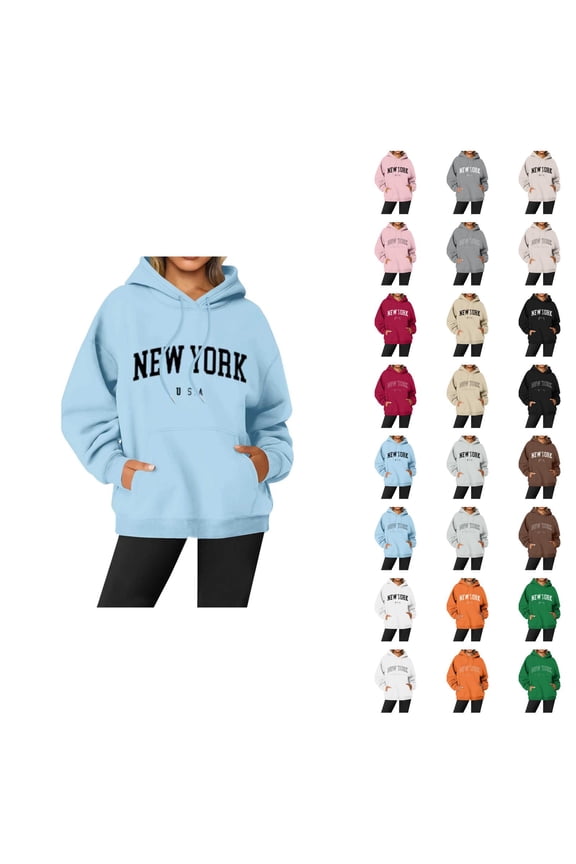 New York Hoodies for Women Fall Winter Long Sleeve Graphic Hooded Sweatshirt with Pockets Streetwear Pullover Tops