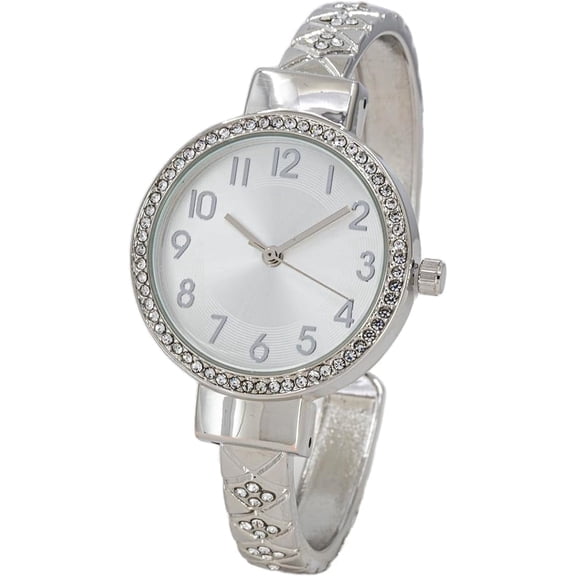 Blekon Collections Womens 32mm Case Plaided Designed Rhinestone Cuff Bangle Watch (Silver)