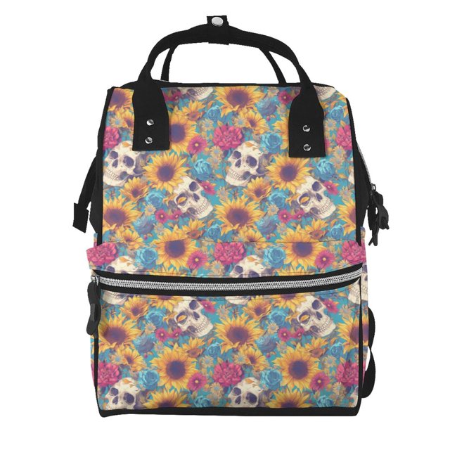 Disketp colorful Skull sunflower Mochila de Pañales de Gran Capacidad con Múltiples Bolsillos, Mochila de Viaje Multifuncional para Bebé, Unisex, Moderna y Resistente