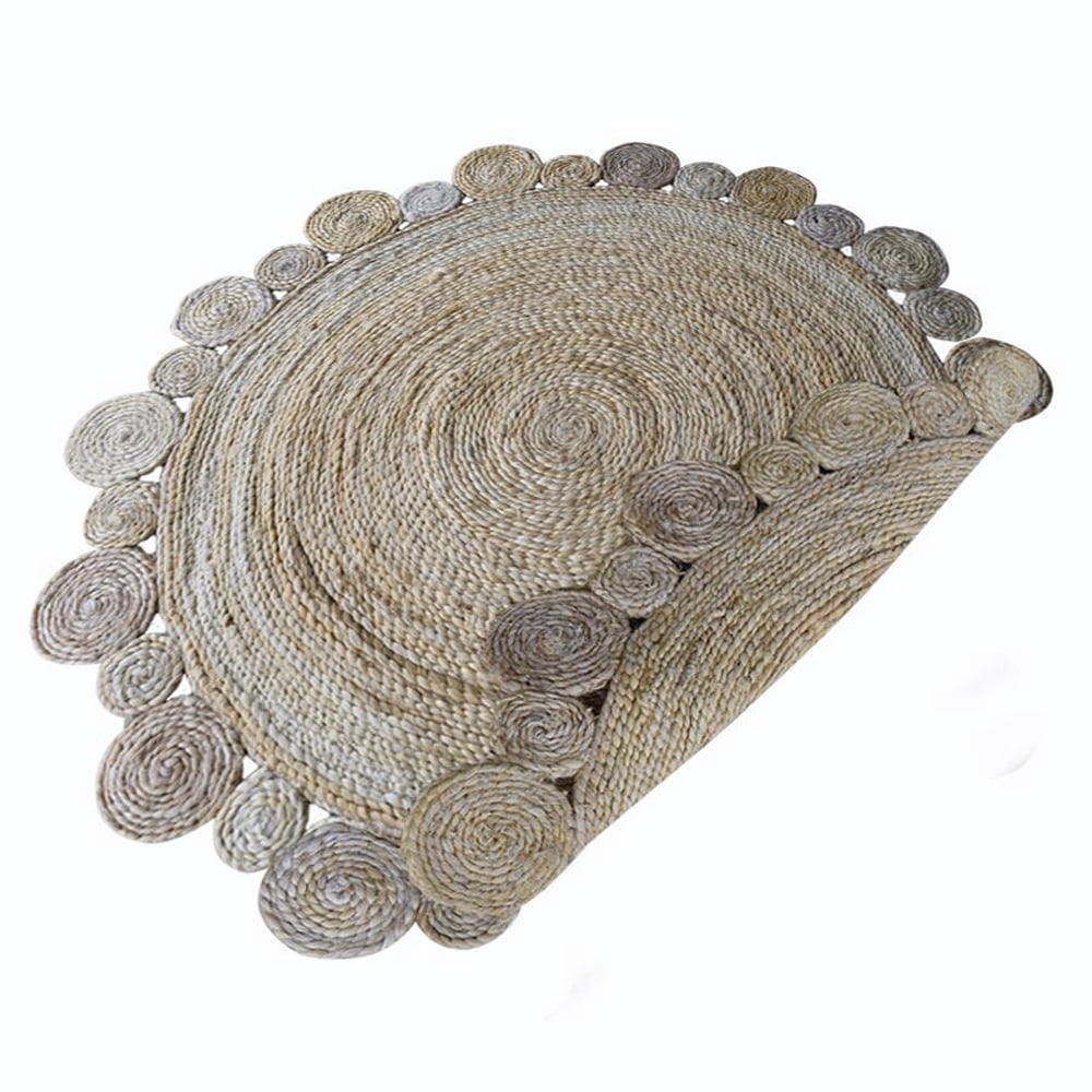 Hand Woven Jute Eco-Friendly Area Rugs - 5'X5', Round Shape, Cream Color, Oriental Pattern, High Pile, Natural Fiber, Outdoor Indoor Handmade Area Rugs For Living Room, Bed Room (J00001)