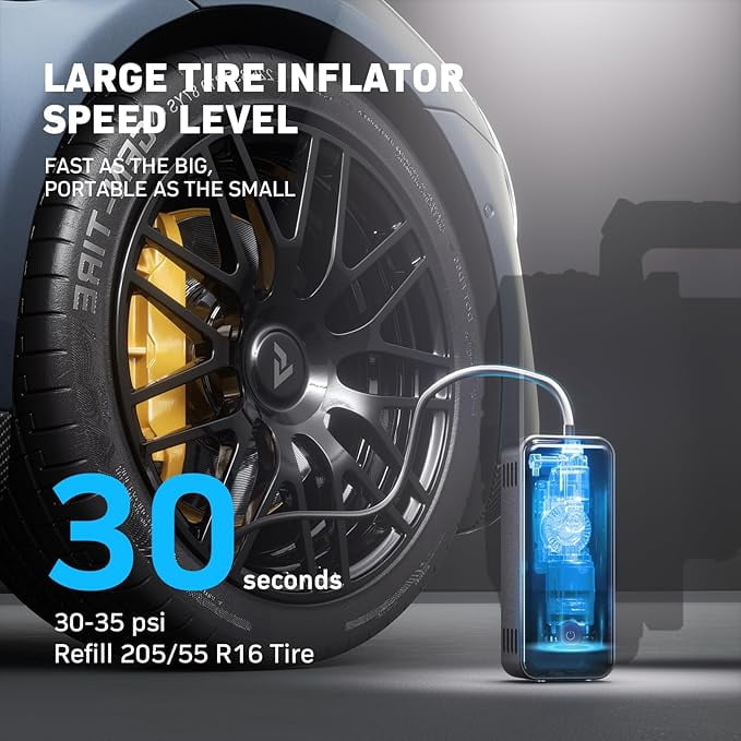 Denvix MotorX Tire Inflator 2nd Generation, Large Tire Inflator Speed Level 30 Second Fast Inflation Air Pump, 15000mAh Battery Capacity, 65W 5X Fast Charging, Deluxe Package.
