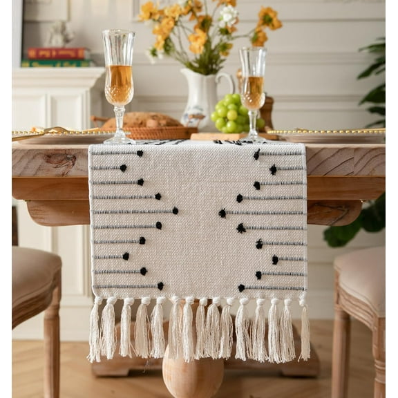 Boho Table Runner 13 x 72 Inch Long Natural Cotton Woven Runner with Tassels for Home Dining Table décor, for Modern Farmhouse Decor Coffee Table Runner, Green and Beige