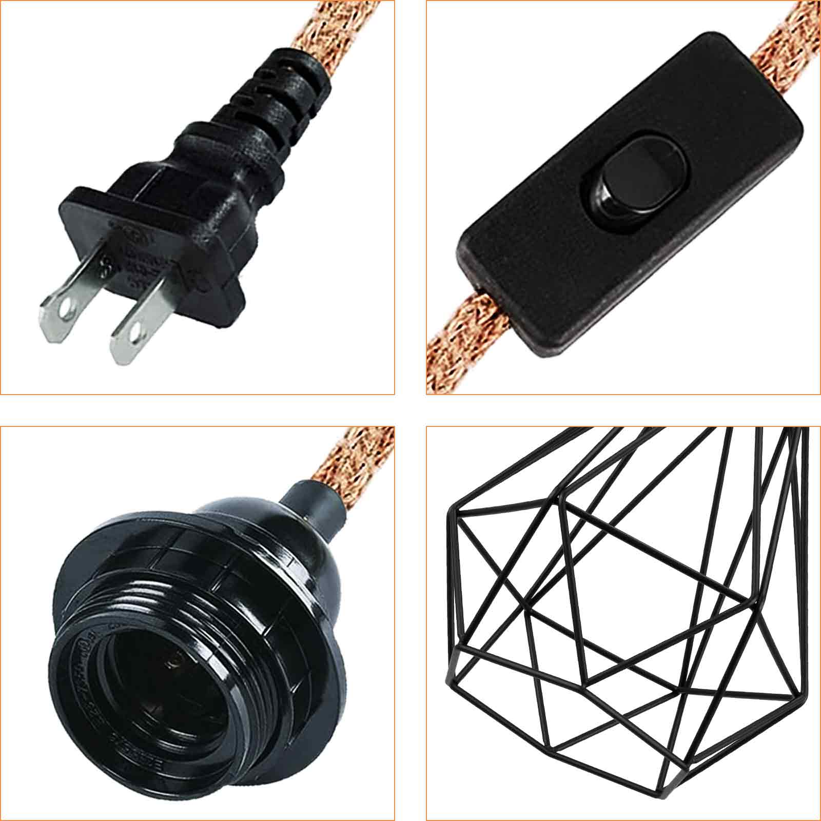 14.9ft Hanging Pendant Light Kit Farmhouse Hemp Rope Light Cord Metal Cage Lampshade Lighting Fixture with Switch Plug in for Bedroom Living Room Kitchen DIY Decor UL Listed E26