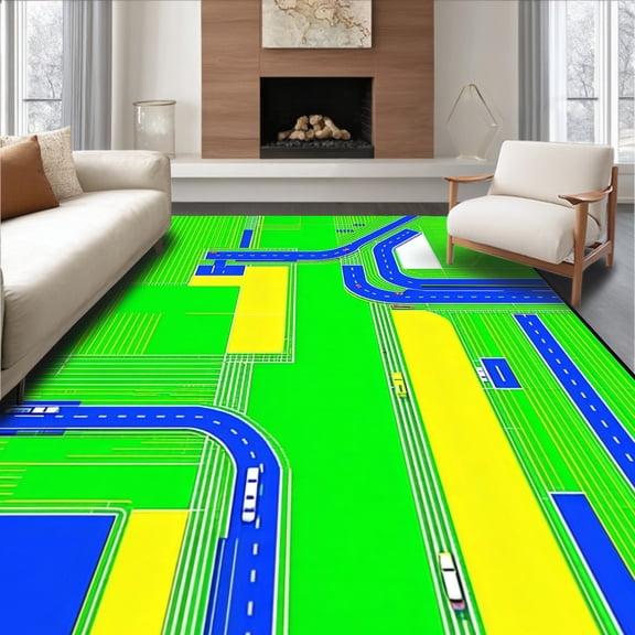 ODIKA 4'x6' Machine Washable Non-Slip Area Rug, Lively Friendly Roadscape Visual High Traffic Rug, Green, 36555