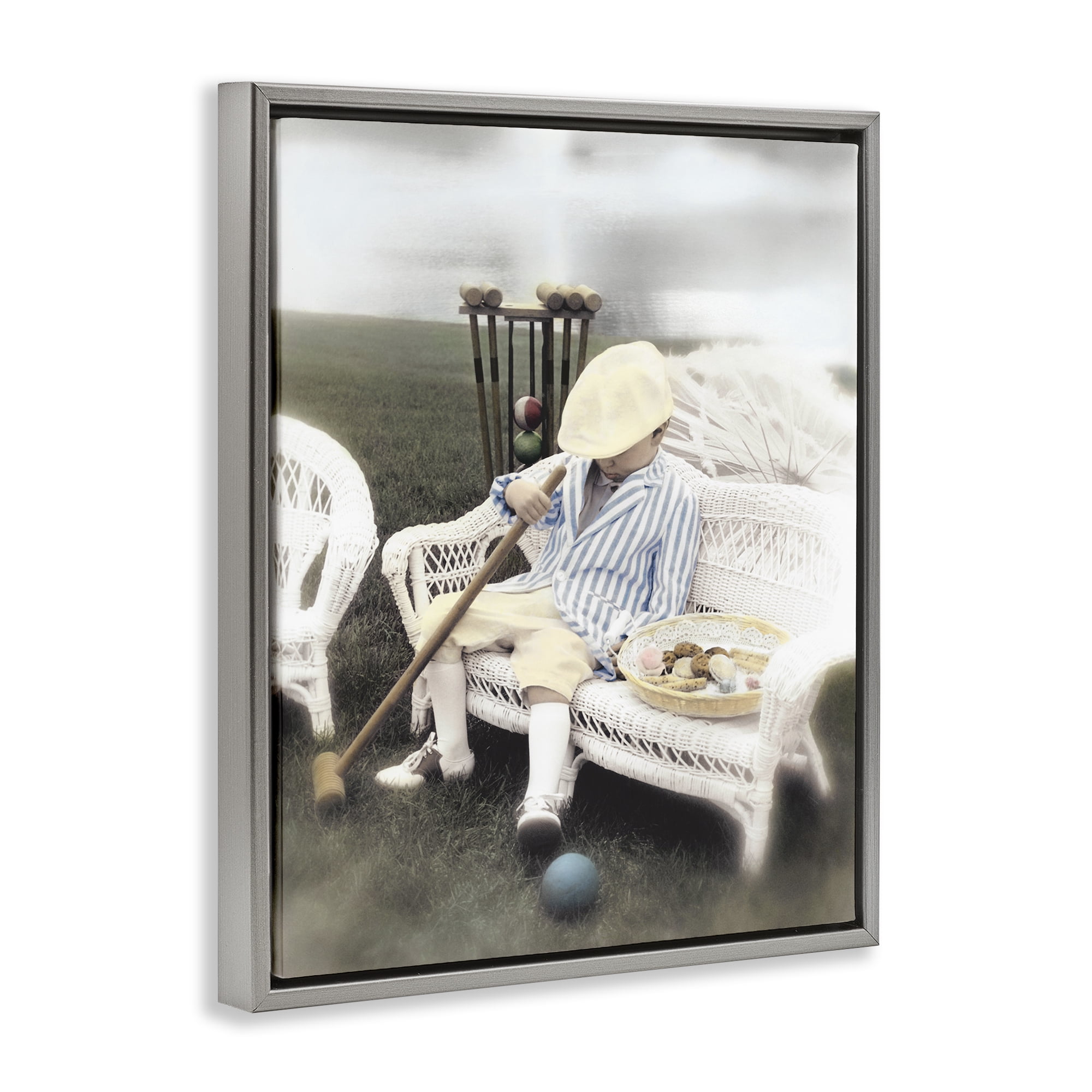 Stupell Industries Child with Croquet Mallet Gray Framed Floater Canvas Wall Art, design by Kendra Dew