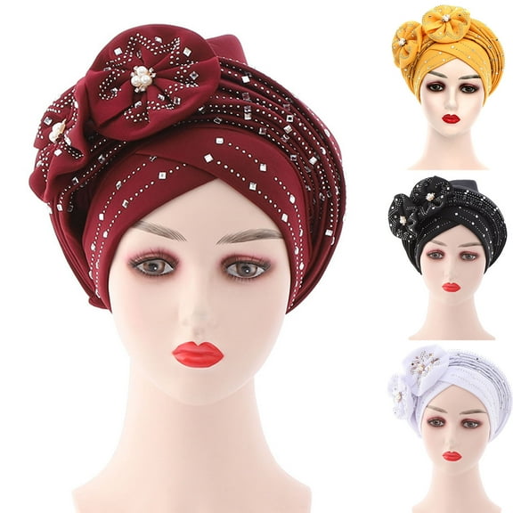 Travelwant African Turban Cap Flower Pattern Headwrap Elastic Knot Pre-Tied Bonnet Beanie Hat for Women