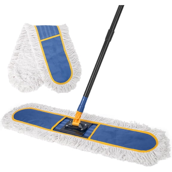 36" Commercial Dust Mops for Floor Cleaning,Industrial Dry Mop with Heavy Duty Long Handle,Large Cotton Reusable Mop Head,for Hardwood,Tile,Concrete,Laminate,Garage Floors(Blue)