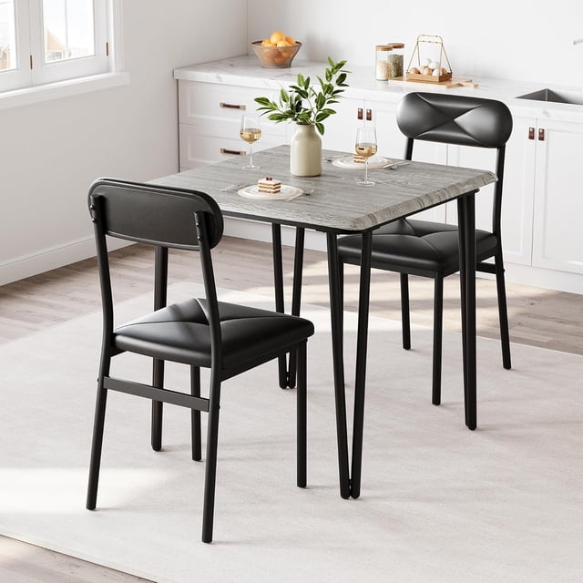 Dining Table Set for 2, 3Pcs Kitchen Dining Room Set Dining Room Table Set with 2 Upholstered Chairs for Small Space Kitchen Apartment (Grey)