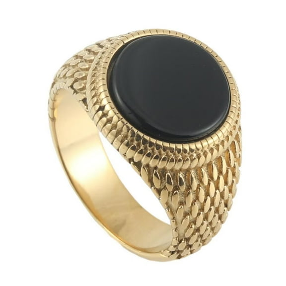 PAMTIER Men's Stainless Steel Vintage Simple Round Black Synthetic Gemstone Dotted Pattern Ring Gothic Punk Hip Hop Style Gold Size 10