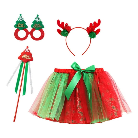 Afdoent Girls Fashion Dresses Kids Girls Christmas Dance Party Cartoon Skirt Ballet Skirts Hairband 4Pcs Set 6-8 Years