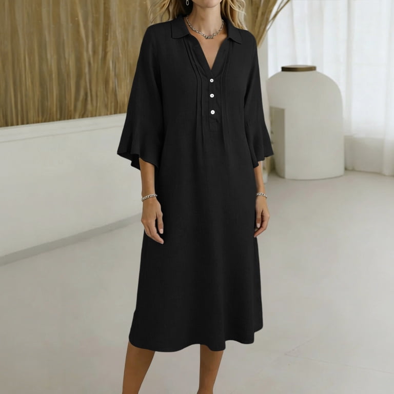 black dress walmart in store Ohufall Women's Maxi Dress V Neck Ruffled Hem Sleeveless Dresses Fashion Trendy Solid Color Long Dress, Size: XL, Black