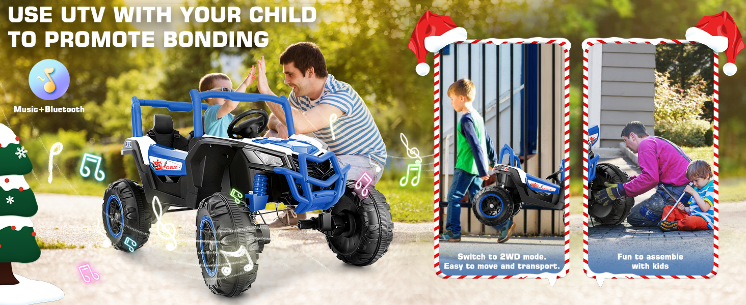 Farmdex 4WD 24V Ride on Toys 2 XL Seater Kids Ride on Cars w/ Remote Control, 4*200W Motor, Electric Off-Road UTV 7AH Battery Powered 4-Wheeler Vehicle w/ Bluetooth, Music, 3-Speed, LED Light, Blue