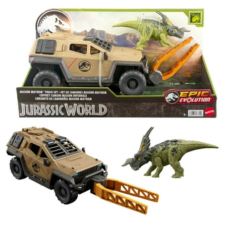 Jurassic World Mission Mayhem Truck & Dinosaur Action Figure Toy Set with Flipping Feature