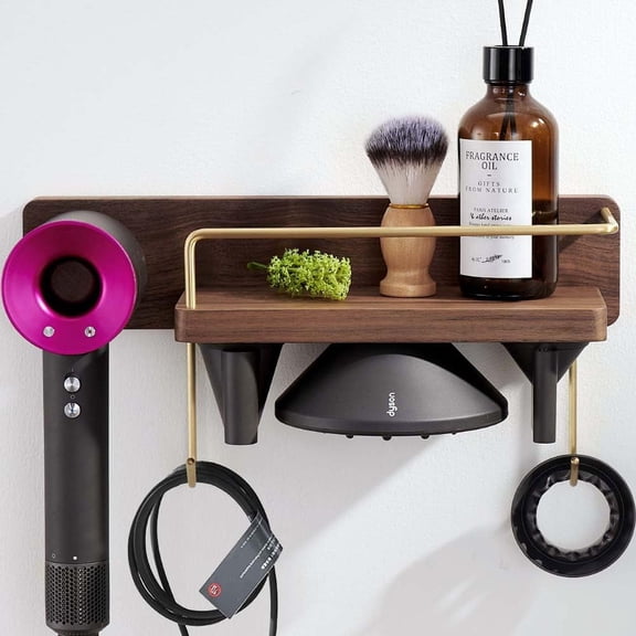Wallmount Hair Dryer Holder Rack Compatible with Dyson Supersonic Hair Dryer Blow Dryer Accessories and Attachments Organizer Storage Rack, Walnut Wood(Hair Dryer & Attachments not Included)