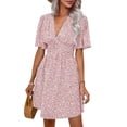thumbnail image 2 of Women Summer Dresses Short Sleeve V Neck Floral Midi Sundress Pink L, 2 of 7