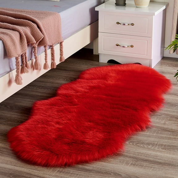 Soft Red Fluffy Faux Fur Sheepskin Area Rugs 4 x 2ft Plush Fluffy Carpet for Bedroom Bedside Living Room Floor Rug Shaggy Mats