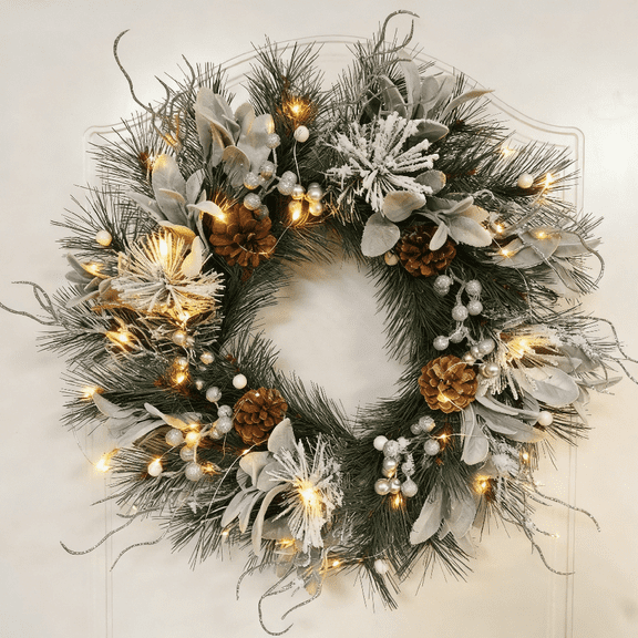 20" Christmas Wreath for Front Door Christmas Wreaths with Light String Christmas Decoration for Indoor Outdoor Door Winter Wreath for Window Wall Decor
