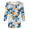 thumbnail image 5 of JTZGDY Plus Size Womens Tops Dressy Casual Floral Printed Summer 3/4 Length Sleeve Crewneck Graphic T-Shirts Loose Oversized Basic Tees Tunic Blouse Blue M, 5 of 5