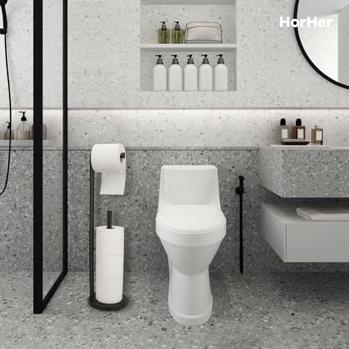 Freestanding Toilet Paper Holder Stand with Storage for 4 Rolls, Rust-Resistant Bathroom Organizer, Modern Black Finish