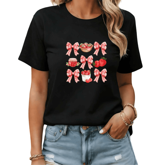 Black Print T-shirt Graphic Tees Cute Strawberry Jam Jar Print Summer Picnic Shirts S-5XL Tops
